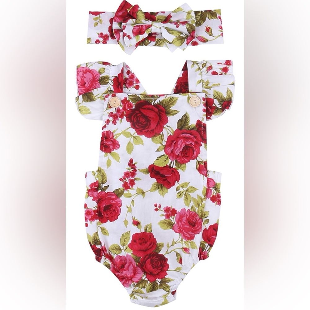Floral Baby Romper and headwrap with Red Roses